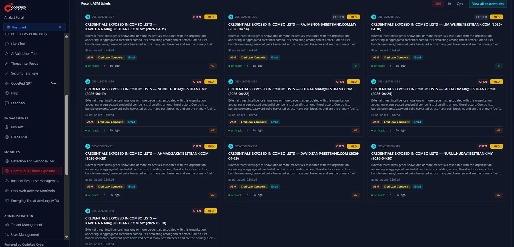Recent ASM tickets: credential exposure observations raised from external threat intelligence, each with severity, source module and tracking state.